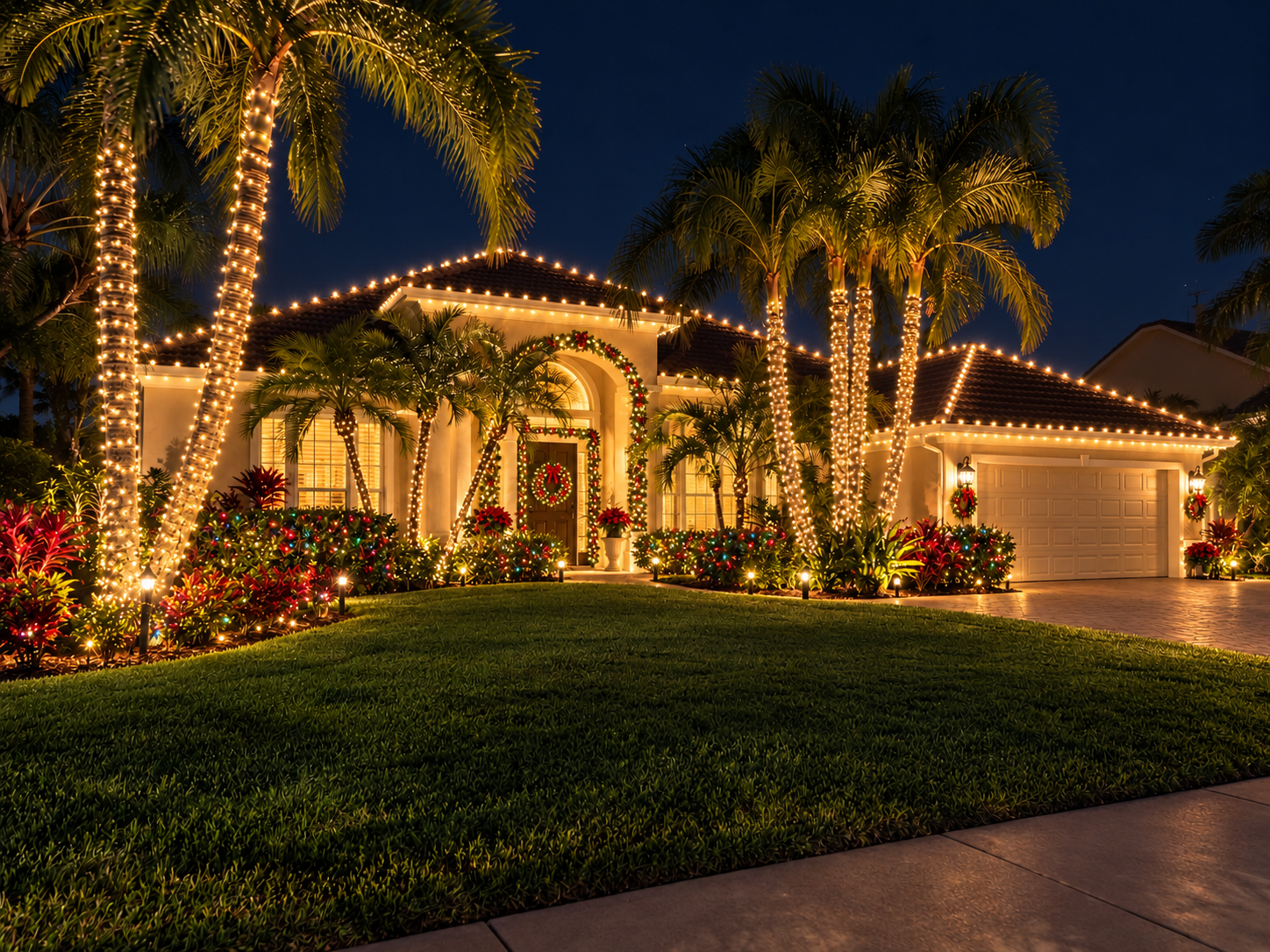 Front yard before and after holiday light installation