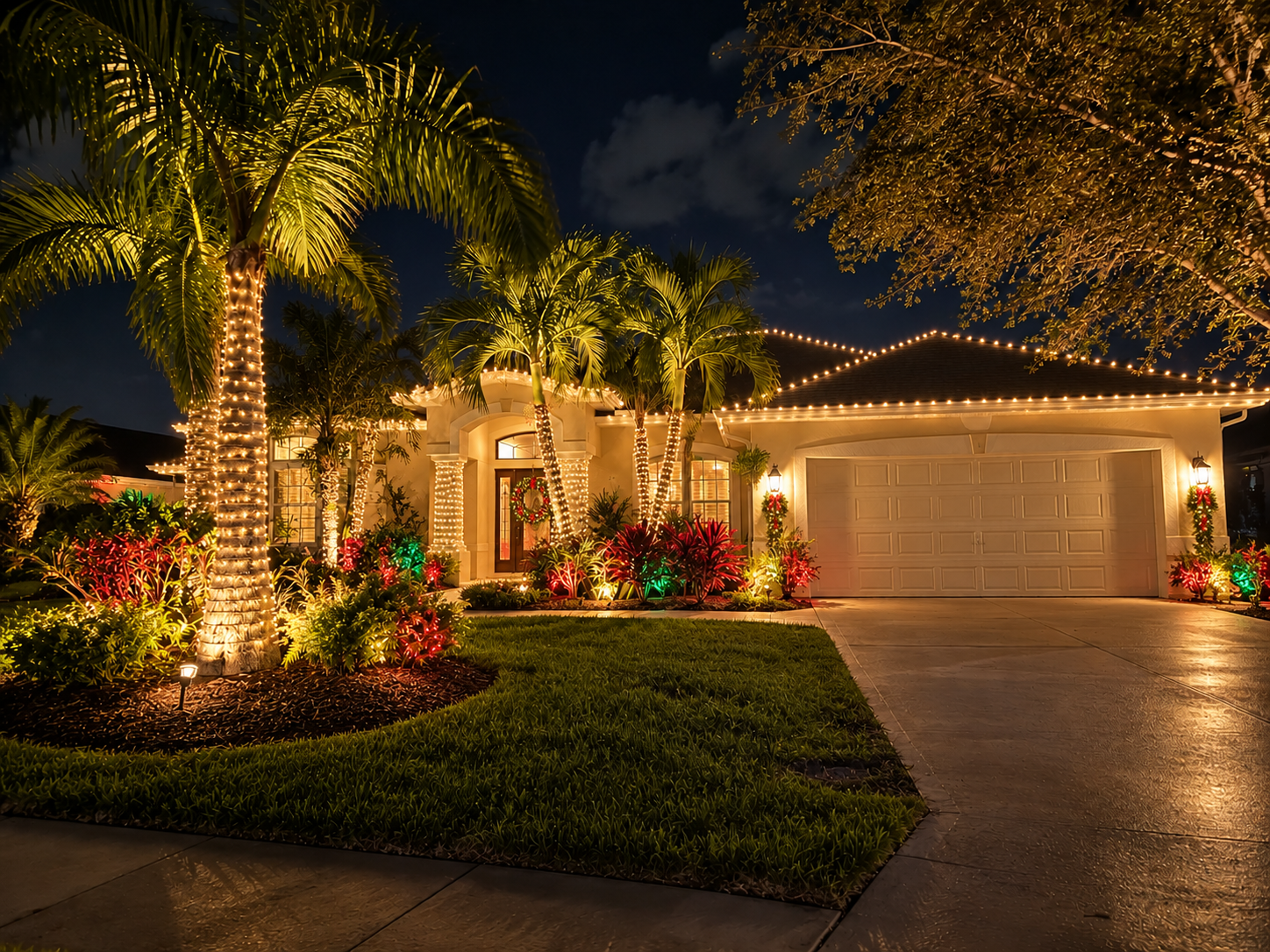 Driveway and landscaping before and after holiday lighting